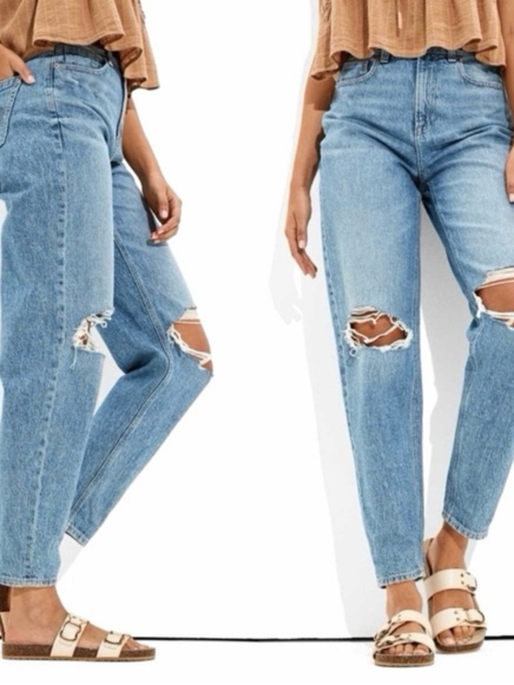 American Eagle Mom Jean Size 4 Long Light Wash Distressed Ripped Jeans